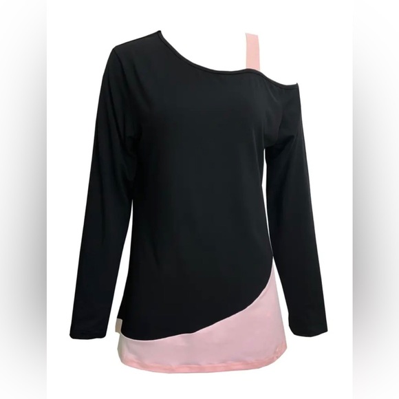 NWOT Womens Plus Black & Pink Colorblock Long Sleeve One Shoulder Top - Picture 3 of 9